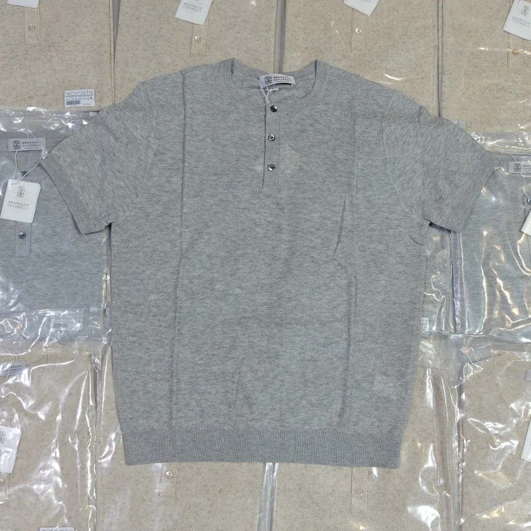 BRUNELLO CUCINELLI BC Beckham Same Style linen blended Henry collar knitted short-sleeved T-shirt, real product